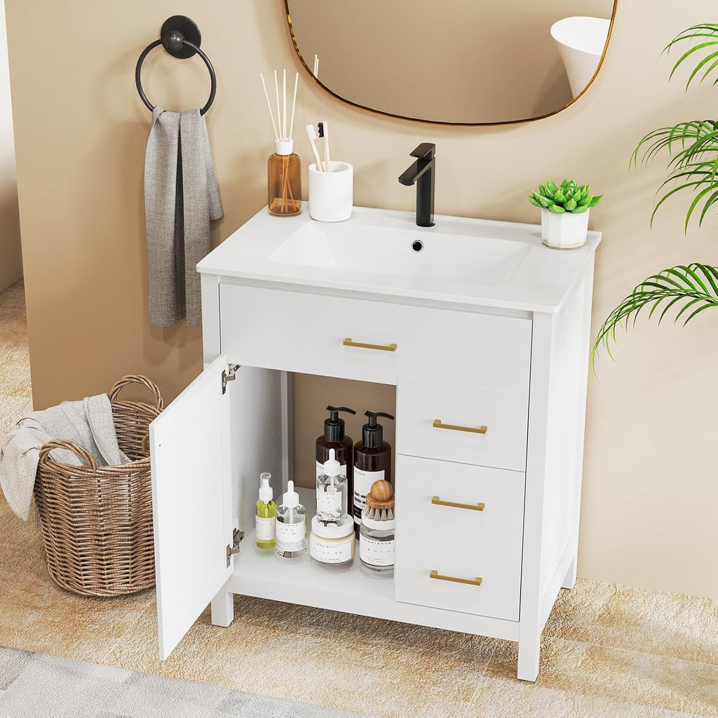 LIFEZEAL Meuble de Salle de Bain avec Lavabo, Meuble sous Lavabo avec Évier en Céramique, 2 Tiroirs et Portes, 76 x 46,5 x 86 cm, Ensemble de Meuble de Salle de Bain, Blanc