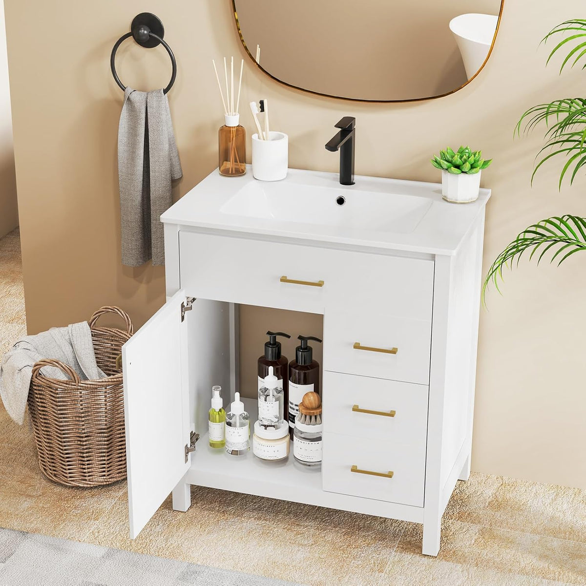 LIFEZEAL Meuble de Salle de Bain avec Lavabo, Meuble sous Lavabo avec Évier en Céramique, 2 Tiroirs et Portes, 76 x 46,5 x 86 cm, Ensemble de Meuble de Salle de Bain, Blanc