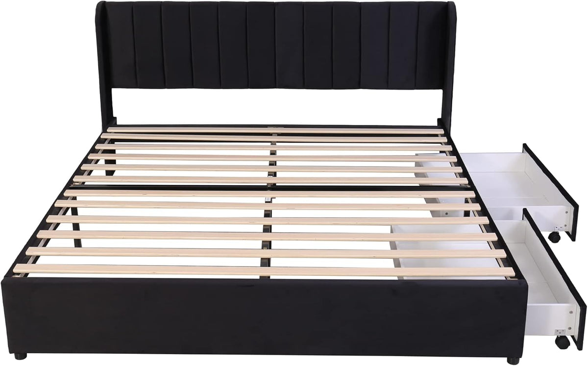 Lit Coffre 2 Personnes avec Sommier à Lattes et 2 Tiroirs, Parure de Lit Adulte Noir, Cadre de Lit Double Velours