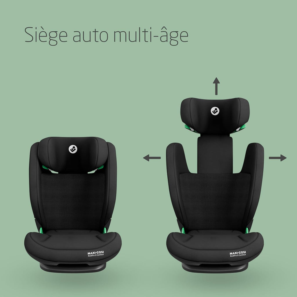 Maxi-Cosi RodiFix S Comfort i-Size, Tissus confortables respirants, Rehausseur voiture enfant à dossier haut, 3,5-12 ans (100-150 cm), 3 inclinaisons, Protection G-CELL, AirProtect, Authentic Black