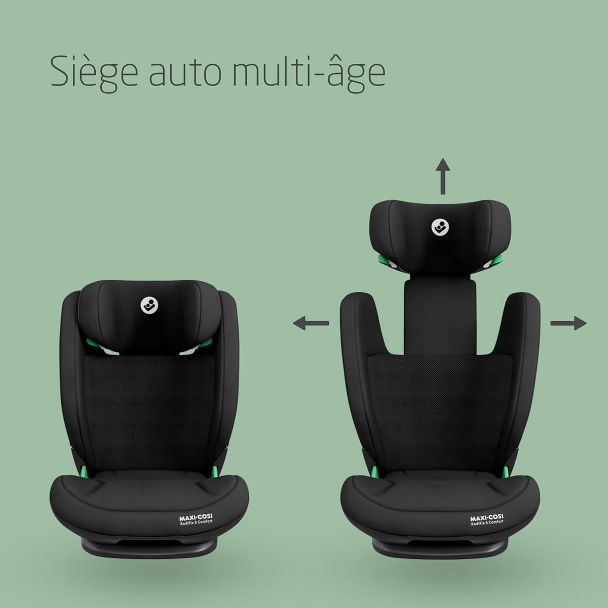 Maxi-Cosi RodiFix S Comfort i-Size, Tissus confortables respirants, Rehausseur voiture enfant à dossier haut, 3,5-12 ans (100-150 cm), 3 inclinaisons, Protection G-CELL, AirProtect, Authentic Black