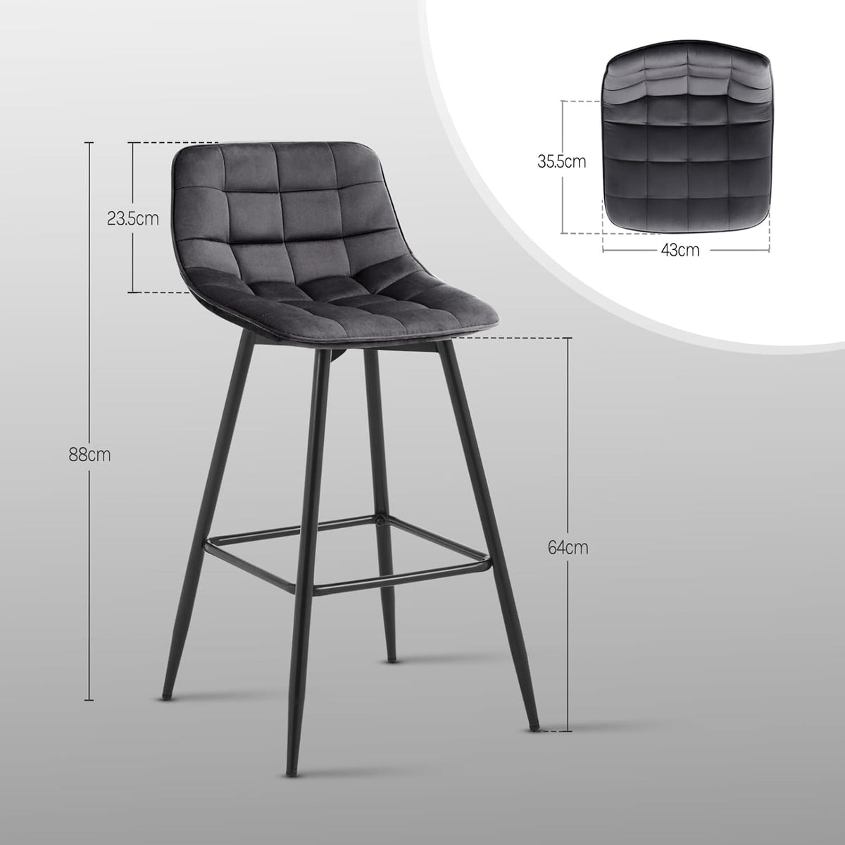 WOLTU 4 X Tabouret de Bar Bistro Chaise de Bar Assise rembourrée en Velours avec Pieds et Repose-Pieds en métal,Gris Foncé BH143dgr-4