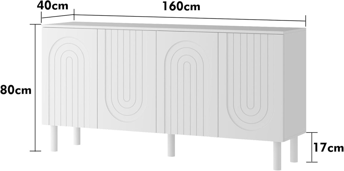 PREMTURE Buffet blanc - Armoire de rangement à 4 portes - Design élégant avec bouton pression - Pieds en bois massif - 160 x 80 x 40 cm