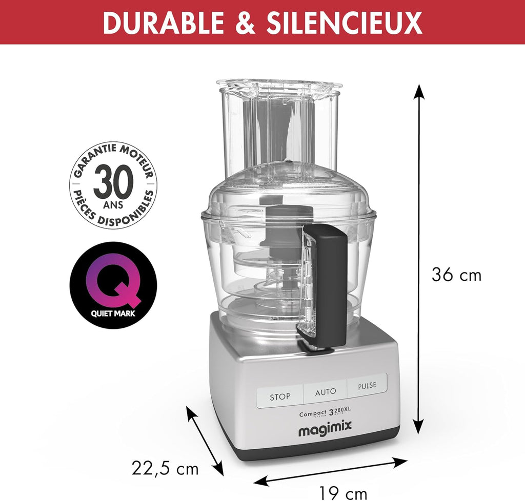 Magimix Robot de Cuisine multifonction 3200 Chrome Brillant Compact Bol 2.6L - Hachoir, Blender - Fabriqué en France