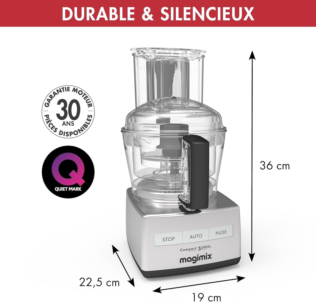Magimix Robot de Cuisine multifonction 3200 Chrome Brillant Compact Bol 2.6L - Hachoir, Blender - Fabriqué en France