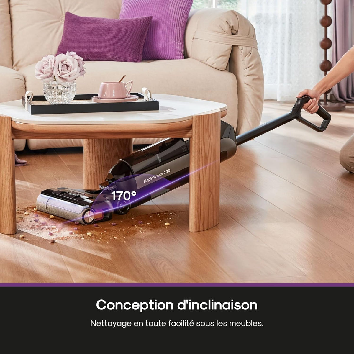 Eureka RapidWash NEW730 Aspirateur Laveur sans Fil Aspiration 21600 Pa, Lavage Eau Chaude 85 °C, Séchage 5 Minutes Air Chaud, Anti Emmêlement 2,0, Conception à Plat, Autonomie 40 Mins Ininterrompue