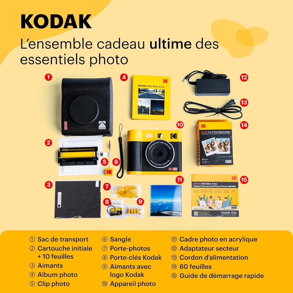 KODAK Mini Shot 4 Era Cadeau Noel 4PASS 2-in-1 Appareil Photo Instantané et Imprimante Photo Portable 10x10cm Lot Accessoire avec 68 Feuilles, Noir