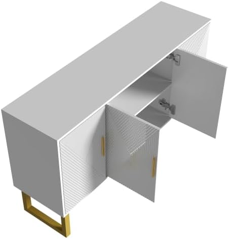 Buffet Salon Blanc Moderne avec 4 Portes Texturées, Façade Brillante, Poignées Dorées, Meuble Elégant, 150x40x82cm