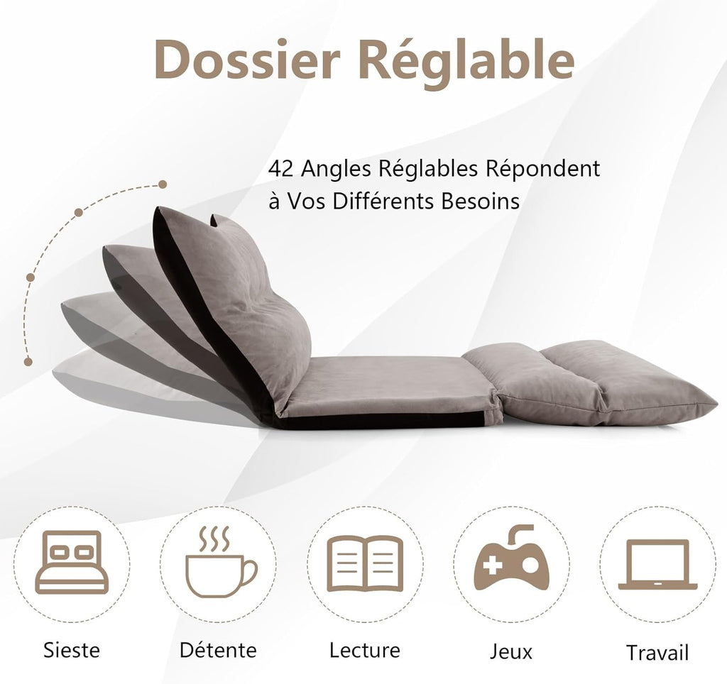 COSTWAY Canapé-lit Paresseux Pliable, Canapé Convertible avec Dossier Réglable à 42 Positions, Chauffeuse avec 2 Oreillers, Sofa pour Salon, Chambre, Balcon, Gris
