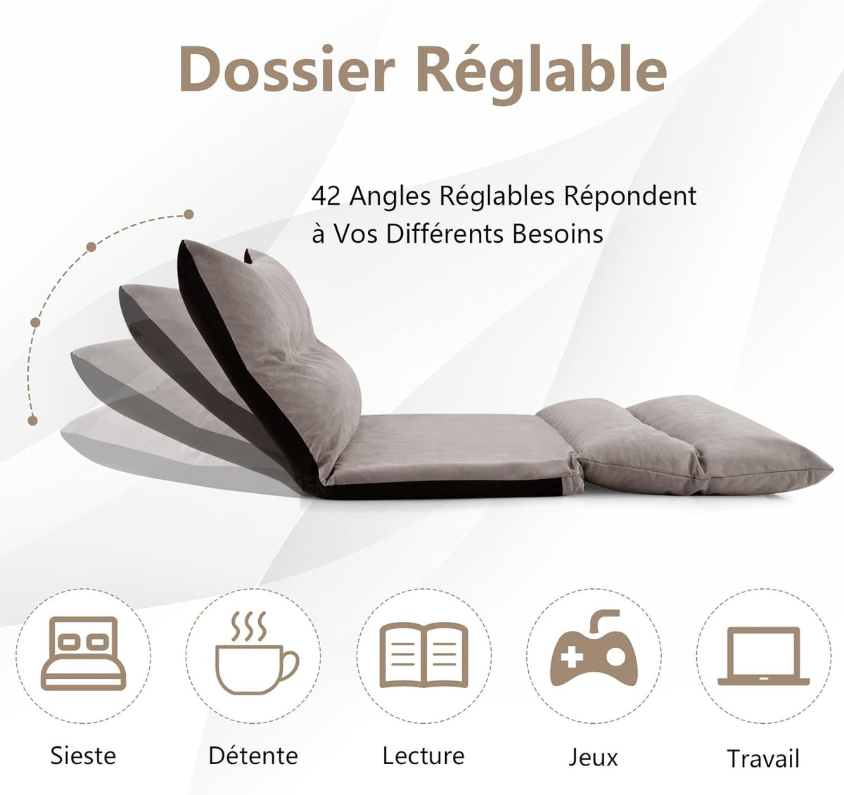 COSTWAY Canapé-lit Paresseux Pliable, Canapé Convertible avec Dossier Réglable à 42 Positions, Chauffeuse avec 2 Oreillers, Sofa pour Salon, Chambre, Balcon, Gris