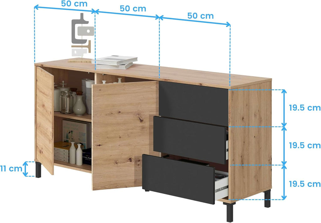 Habitdesign modèle Brooklyn Buffet 2 portes et 3 tiroirs, finition chêne Nodi et gris anthracite, dimensions : 154 x 74 x 41 cm l x H x P .