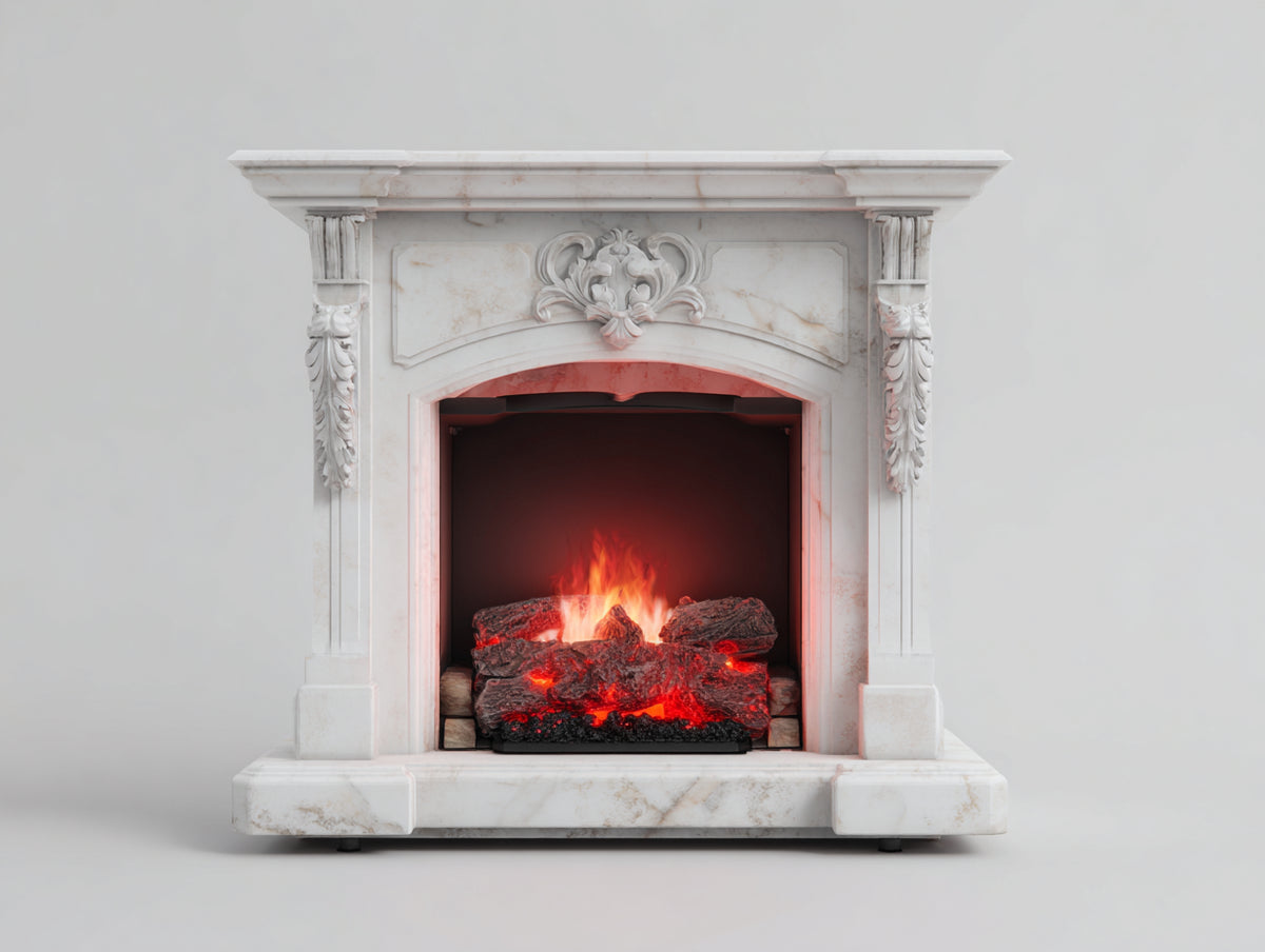 Cheminée électrique 110x35x100 cm - finition effet marbre blanc sculpté - usage intérieur - style classique