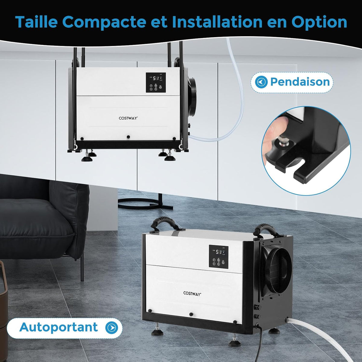COSTWAY Déshumidificateur Professionnel, Déshumidificateur Industriel avec 3 Modes Minuterie de 24 H Tuyau de Vidange et Dégivrage Automatique, pour Entrepôt Sous-sol (58,5 L/Jour,Noir)