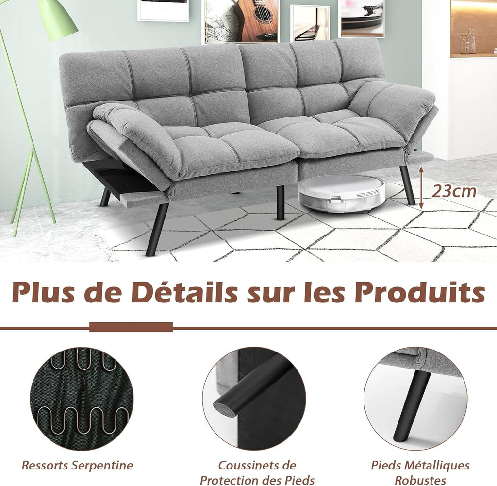 COSTWAY Canapé-Lit Convertible 5 en 1 avec Dossier et Accoudoirs Réglables, Canapé Futon 3 Places en Mousse à Mémoire, Pieds Métalliques, pour Petits Appartements, Salon, Bureau, Charge 273 kg (Gris)