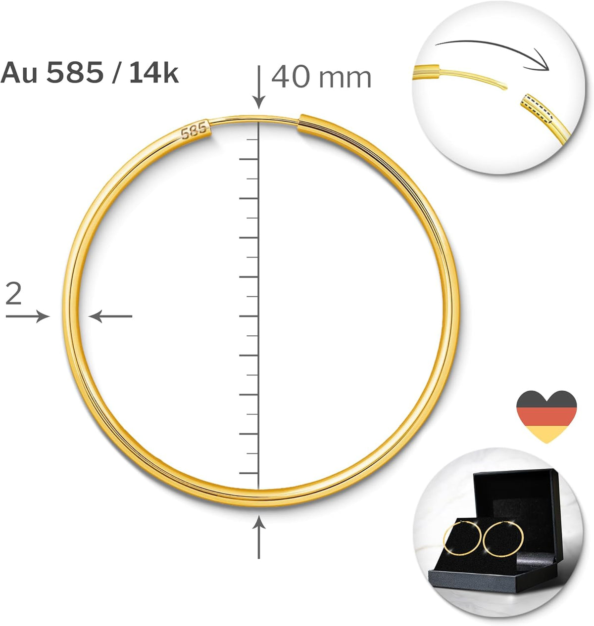 Boucles D'Oreilles Rondes Classiques Or Jaune 585 750 333 Moyennes Créoles pour Femme - Diamètre 40 mm, Largeur 2 mm