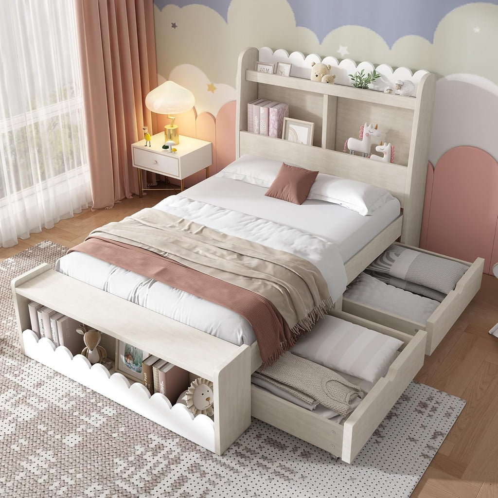 KOMHTOM Lit d'enfant en Bois avec 2 Tiroirs et Espace de Rangement - Lit Simple avec Support à Lattes, 90x200 cm