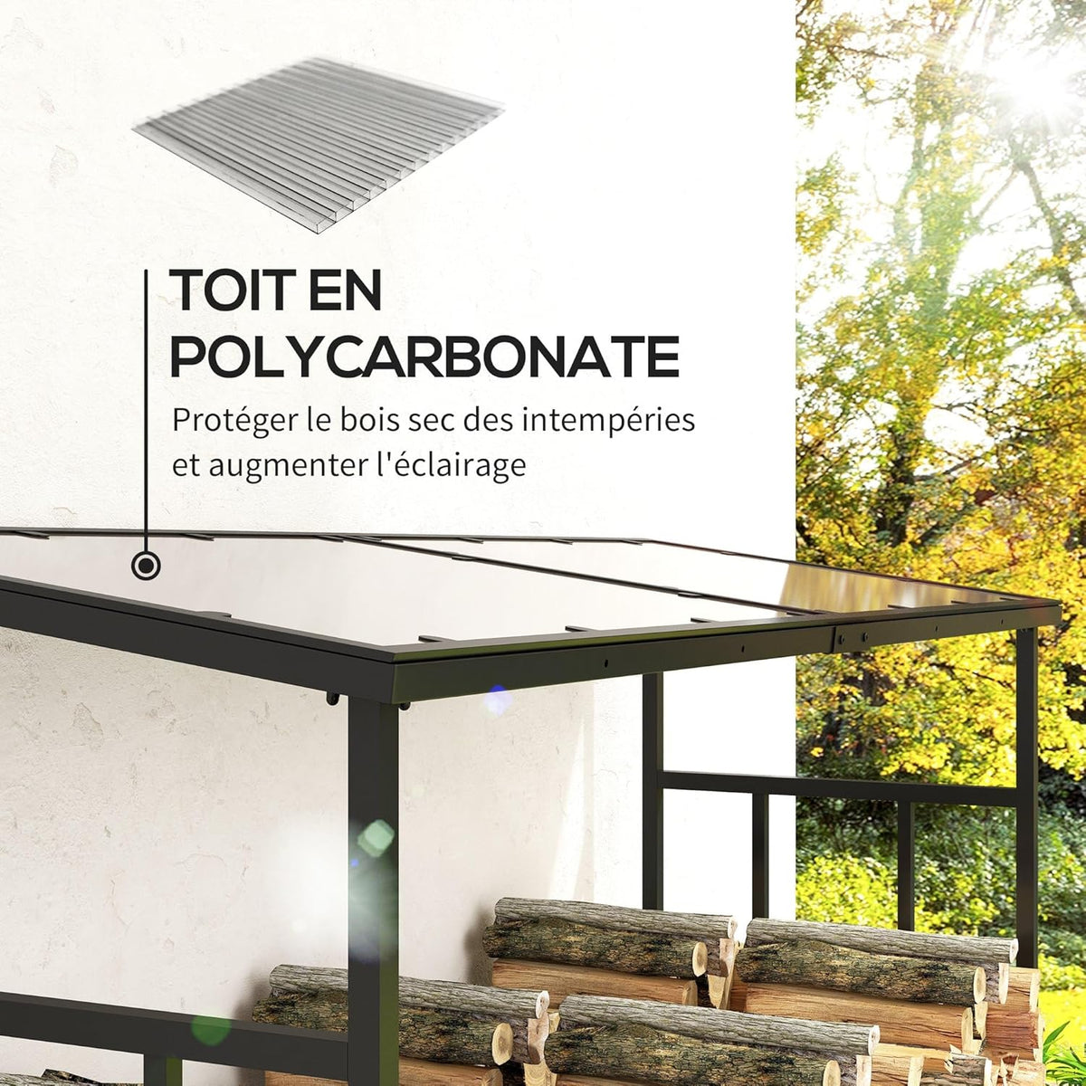 Outsunny Abri-bûches, range-bûche, charge maximale 2000 kg, avec housse de protection imperméable et toit en polycarbonate, abri bois de chauffage, 185 x 62 x 184 cm, cadre en métal, noir