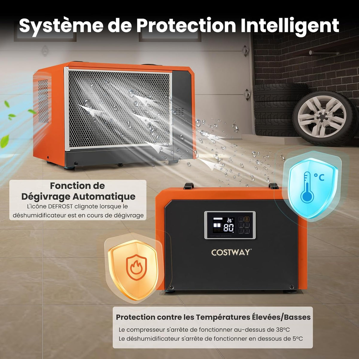 COSTWAY Déshumidificateur Professionnel 60 L/Jour, Déshumidificateur d'Air Électrique avec Minuterie 24H Restauration des Dégats d'Eau Dégivrage Automatique, Jusqu'à 560 ㎡pour Sous-sol Chantier