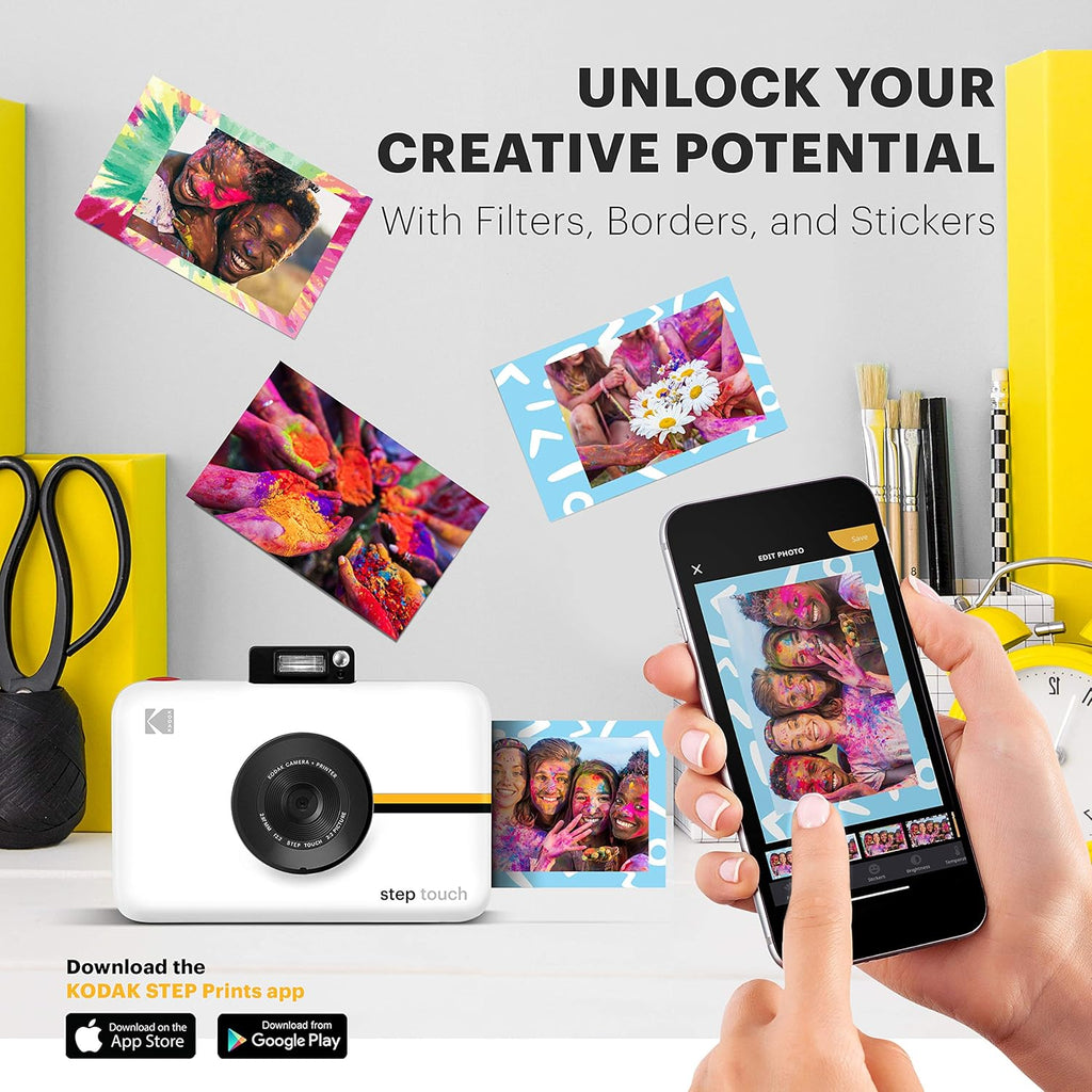 KODAK Step Touch Appareil Photo instantané avec écran Tactile LCD de 3,5 Pouces Blanc Bundle : étui, album, marqueurs, paquet de 20 papiers Zink, autocollants