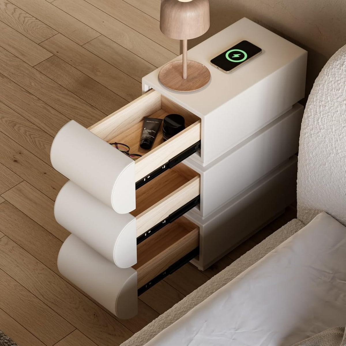 Homary Table de Chevet LED Intelligente Étroite 3 Tiroirs, Chargeur sans Fil USB/Type-C, Petit Meuble de Rangement pour Chambre Adulte (1, Étroit)