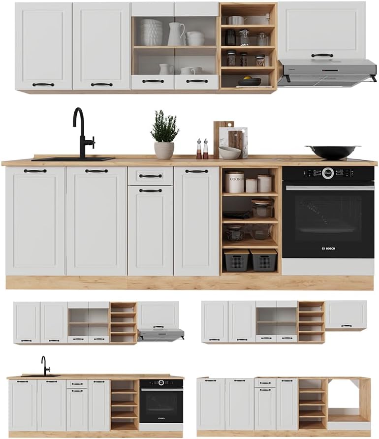 Vicco Cuisine R-Line, Blanc campagnard/Chêne doré, 240cm, PT Marbre