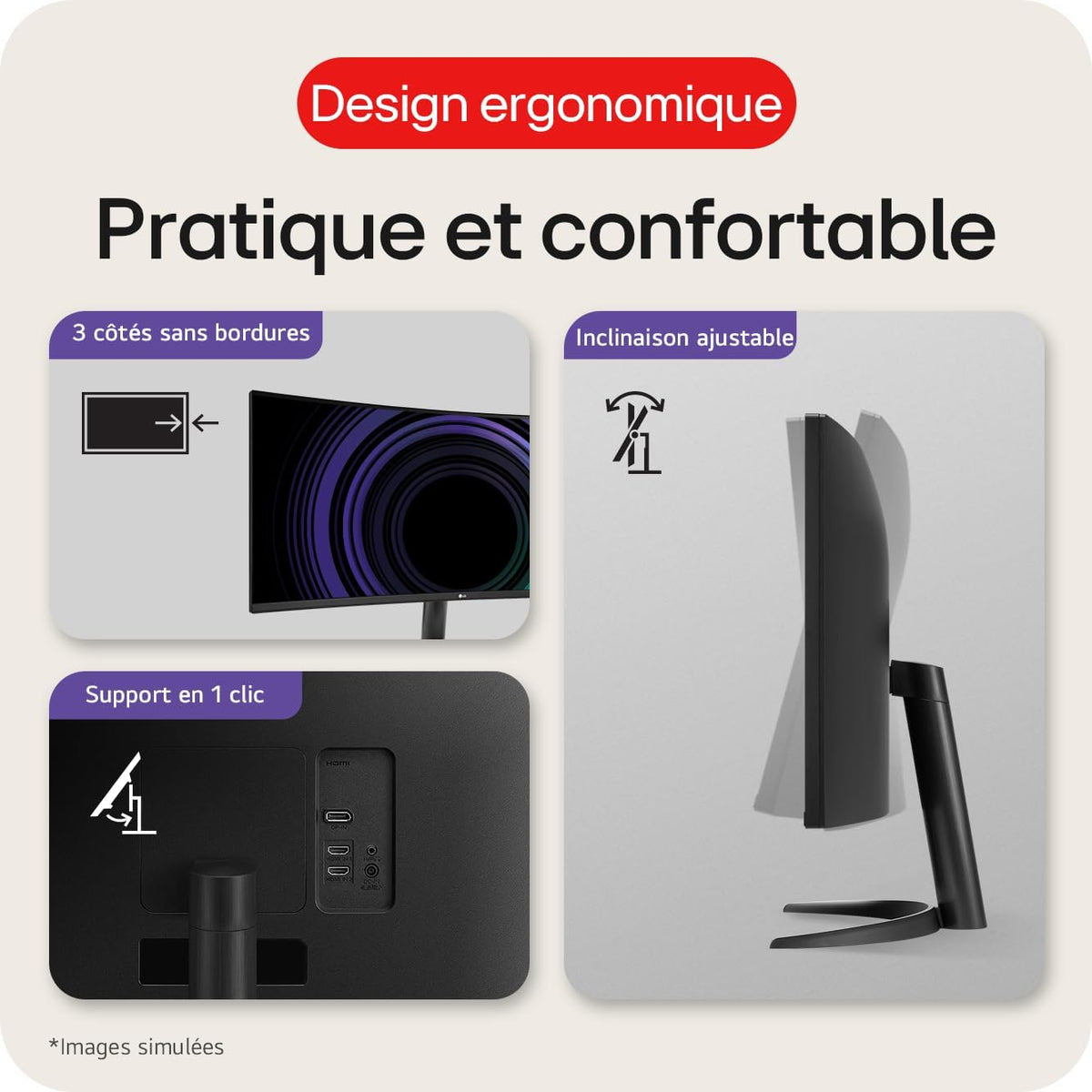 LG UltraWide 34WR50QK-B Ecran PC Ultra Large 34" - Dalle VA résolution QHD (3440 x 1440), 5ms GtG 100Hz, HDR 10, sRGB 90 pour cent (CIE1931), inclinable, Mode Portrait