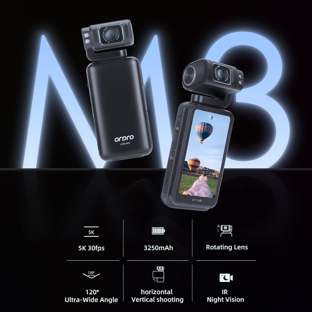 ORDRO M3 Caméra Vidéo Portable 5K/30fps Caméscope Vlogging Caméscope avec écran tactile rotatif de 3,5 pouces pour YouTube TikTok Video Vlog