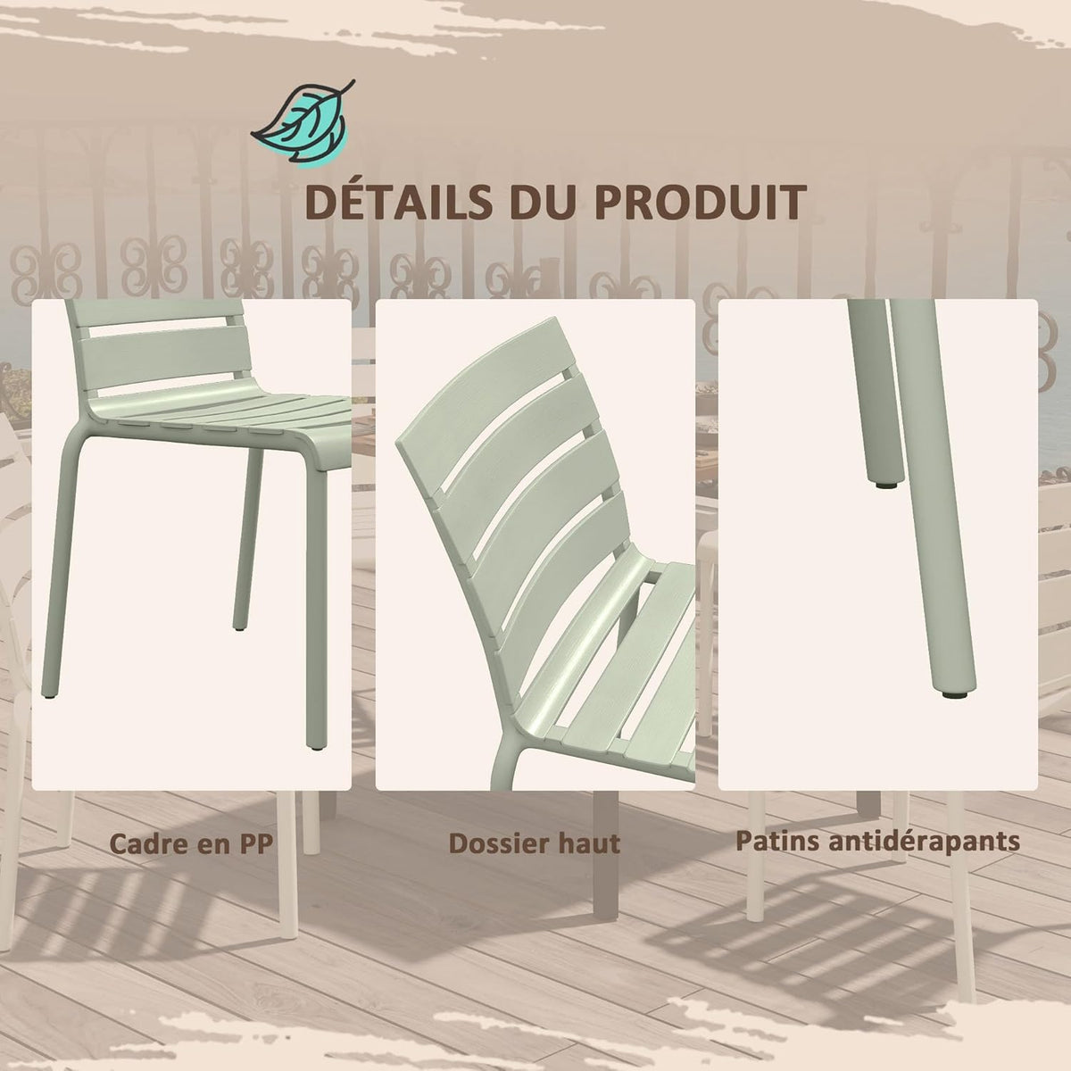 Outsunny Lot de 4 chaises de Jardin chaises de Bistro empilables avec Assise et Dossier à Lattes dim. 42L x 54l x 78H cm Vert