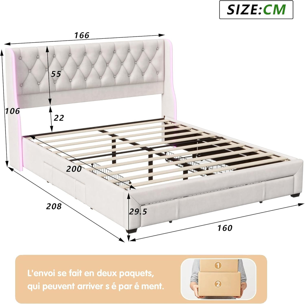 Callicarpa Cadre de Lit avec Tiroirs de Rangement, Lits LED 160 X 200, Lit Deux Place, lit Double, Lits et Cadre de Lit pour Adulte, Beige