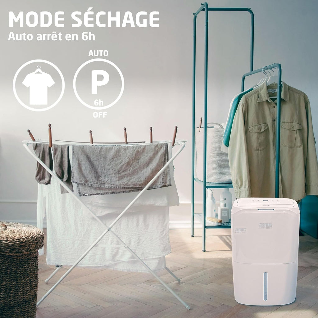 Amig - Déshumidificateur MIST | Capacité 20L/Jour | Régulation de l'humidité et minuterie | Réservoir d'eau amovible 6,5L | 36x28x56 cm | 260W | Couverture 165m³/h | Silencieux 45 dB | Séchage linge