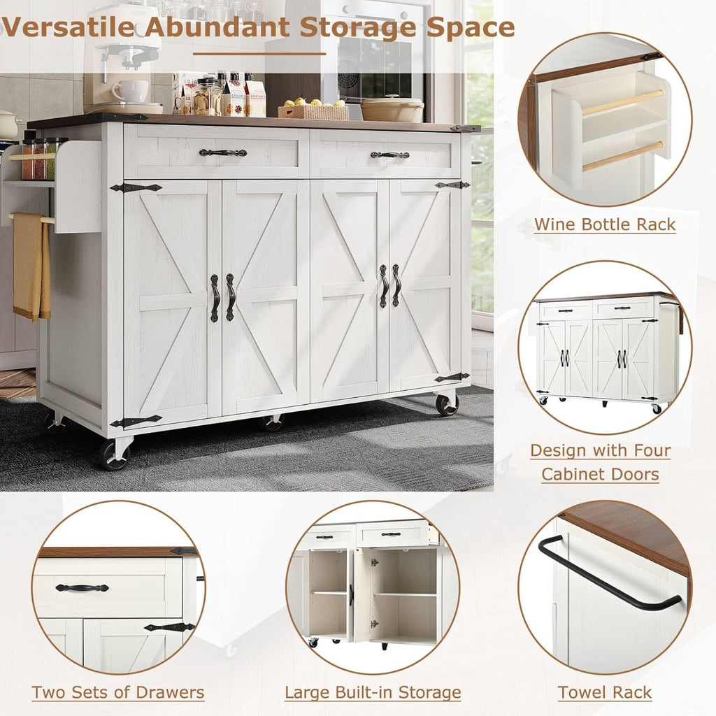 PUGSDRLY Desserte de Cuisine à Roulettes, Buffet Meuble avec 2 Tiroirs et 4 Portes, Armoire de Cuisine, Plateau de Table Pliable