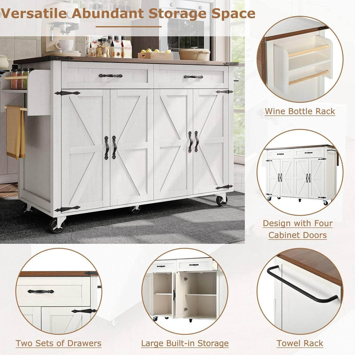PUGSDRLY Desserte de Cuisine à Roulettes, Buffet Meuble avec 2 Tiroirs et 4 Portes, Armoire de Cuisine, Plateau de Table Pliable
