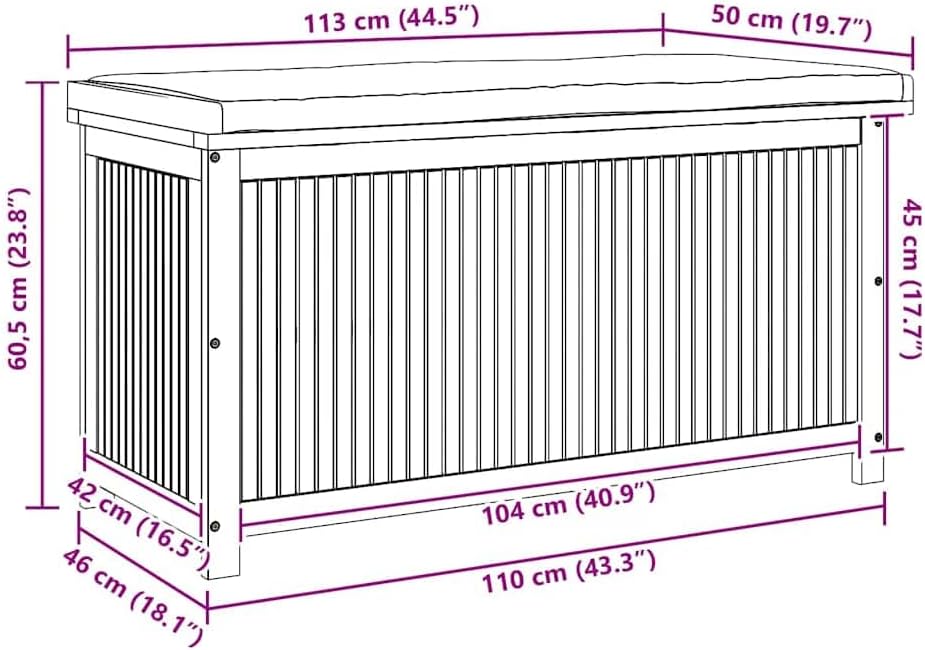 vidaXL Boîte à Coussins d'extérieur 113x50x60,5cm Bois Massif d'acacia, conteneur à Coussins, boîte de Rangement, boîte à Coussins d'extérieur