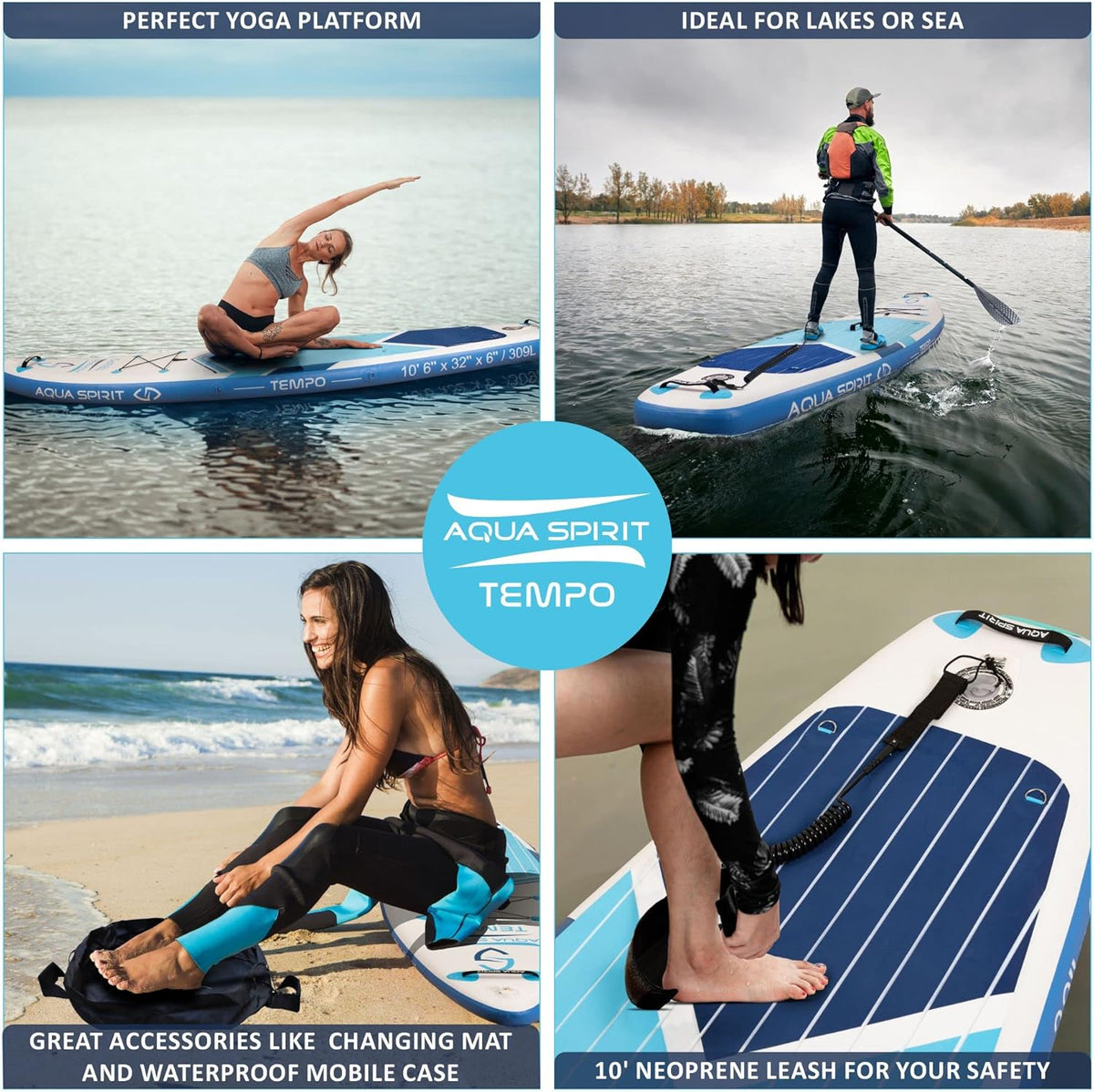 AQUA SPIRIT Tempo Sup Stand up Gonflable Surf Planche de Paddle pour Adulte Unisexe Débutant intermédiaire 320x81x15cm Charge Max 120KG avec Pagaie Réglable, Matelas à Langer Garantie De 2 Ans