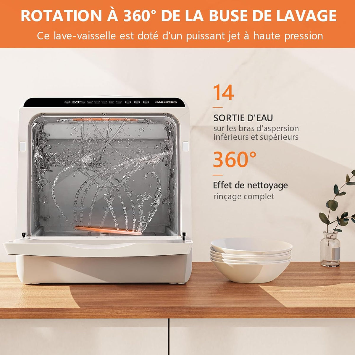 Karlxtom Lave-vaisselle de table, Mini Lave-vaisselle avec Comman destactiles à LED, 45CM, 6 Programmes, Lavage des fruits, Soins Pour Bébés