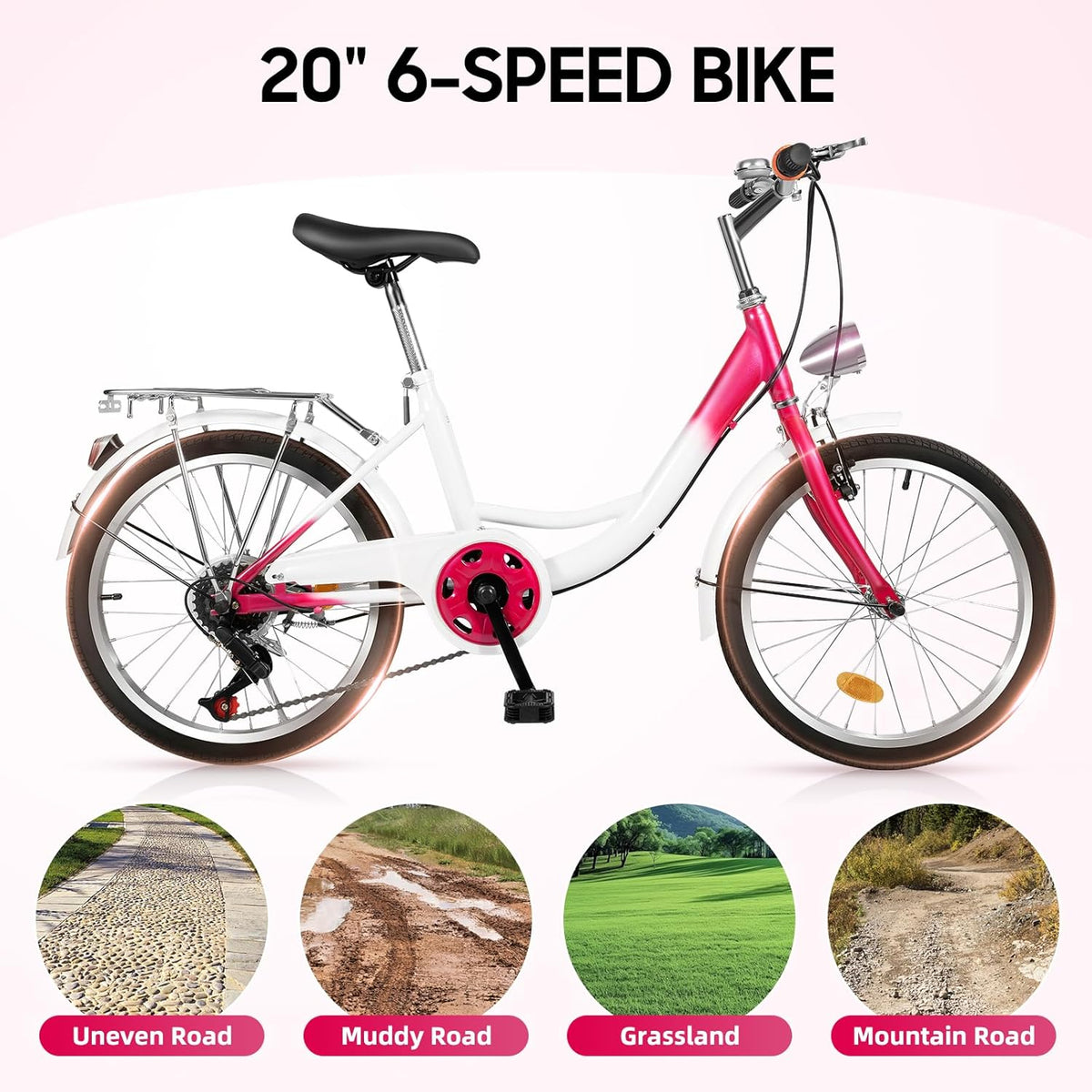 XUEMANSHOP Vélo pour enfant, 20 pouces, dérailleur à 6 vitesses, vélo pour femme avec phare, capacité de charge maximale 90 kg, pour 6, 7, 8, 9, 10 ans