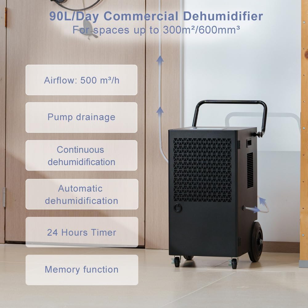 Déshumidificateur d'Air Industriel 90L/jour : Grande Capacité Couvre 300m² - Pompe de Relevage Électrique avec Compresseur Rotatif - Pour Caves/Garages/Entrepôts/Salles de Bain/Buanderies