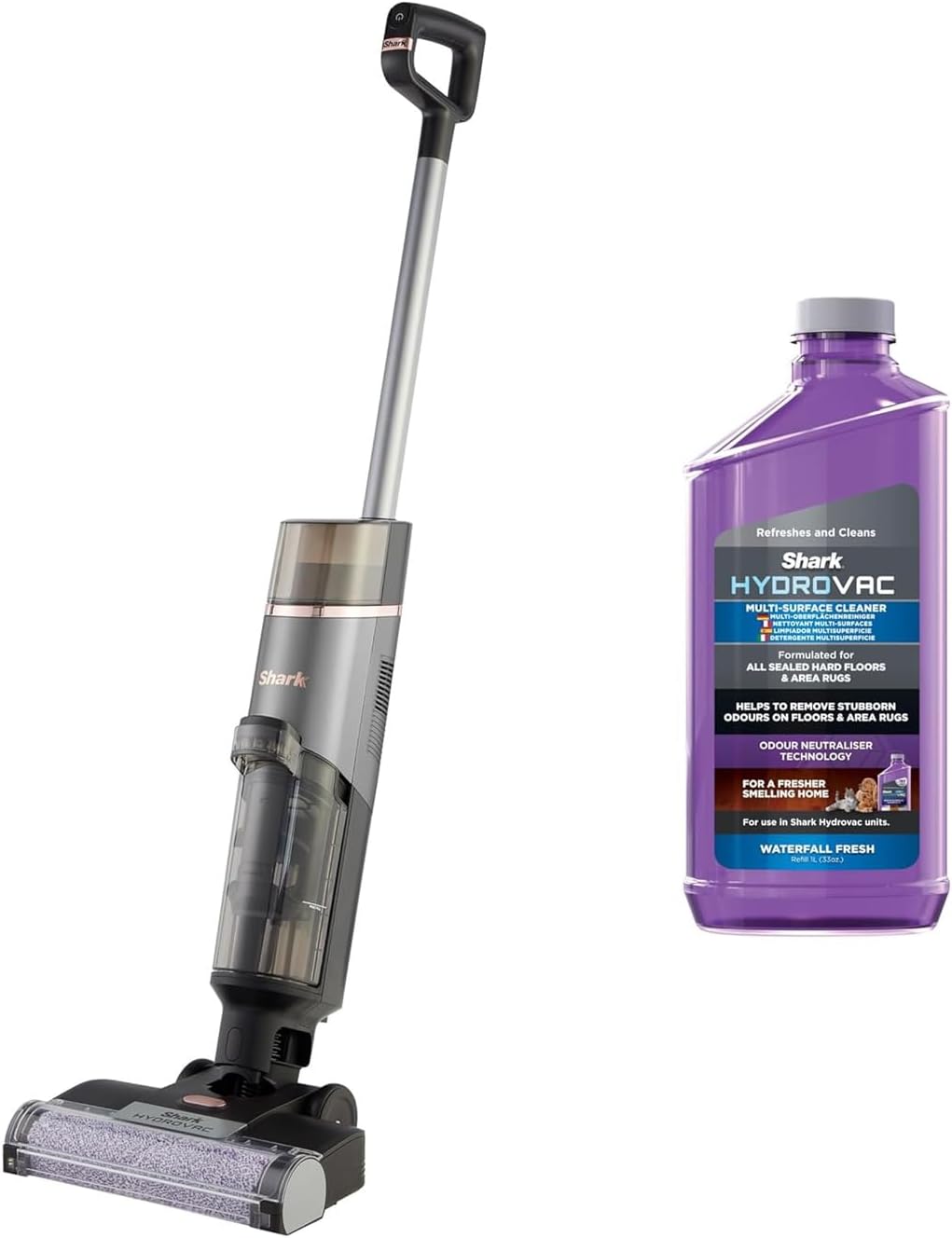 Shark HydroVac Nettoyeur sans fil sols durs, brosse roulante antimicrobienne et solution multi-surfaces neutralisant les odeurs, autonettoyant, aspire,nettoie saletés humides et sèches, gris,WD210EUCP