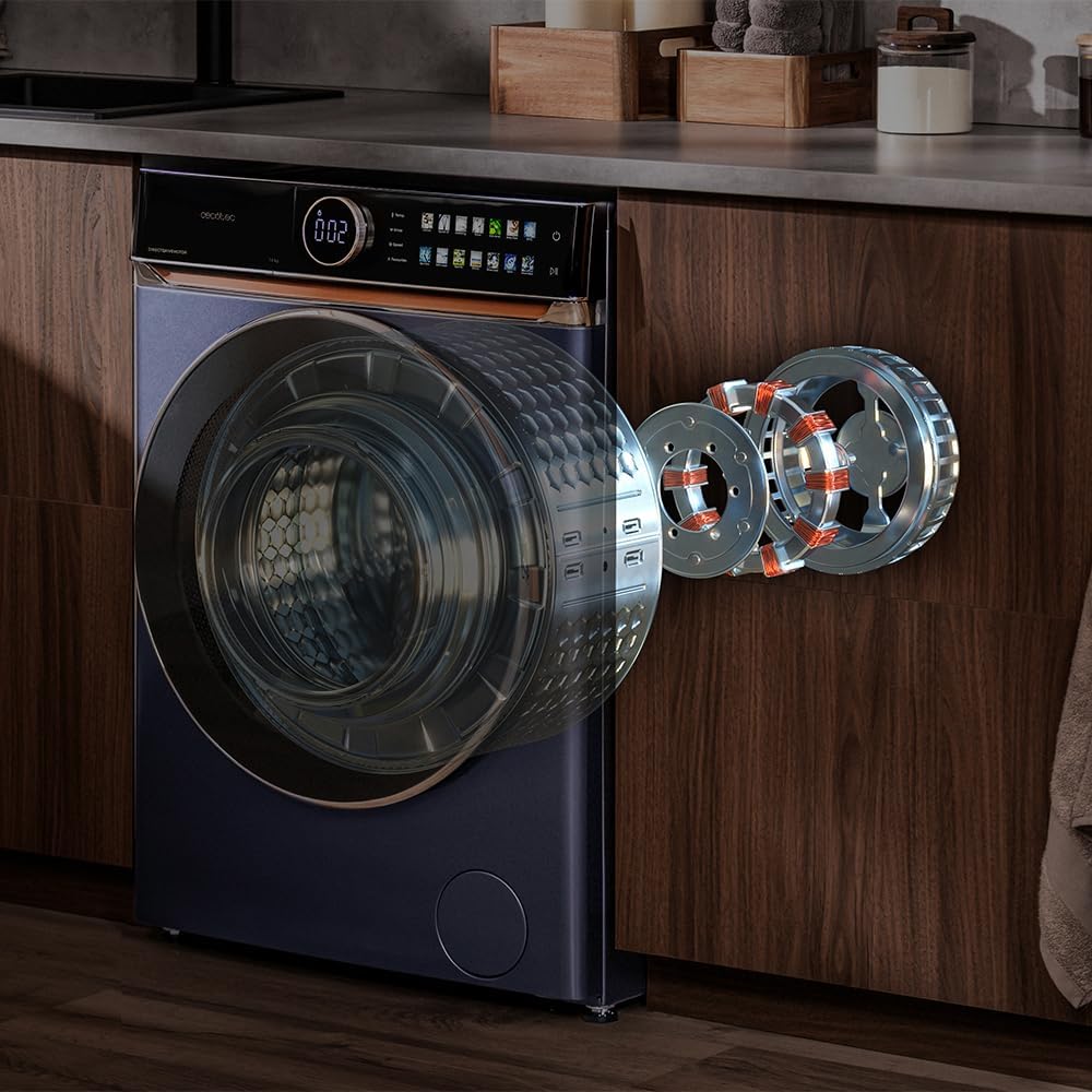 Cecotec Lave-linge 10Kg Frontal Bolero DressCode 10980 Direct Drive Blue A. 1400RPM, Moteur Direct Drive, Basse Consommation, Écran FullColor, Finitions Imitation Cuir, Porte XXL, Lumière UV et Vapeur