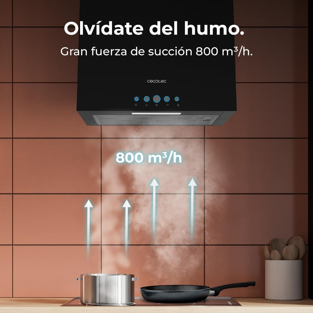 Cecotec Hotte Aspirante 38cm îlot Carré Bolero Flux Ict 388000 Black A++. Finition Noire, Aspiration 800M3/H, Moteur 210W, Commande Electronique, Lumière, Filtre à Charbon