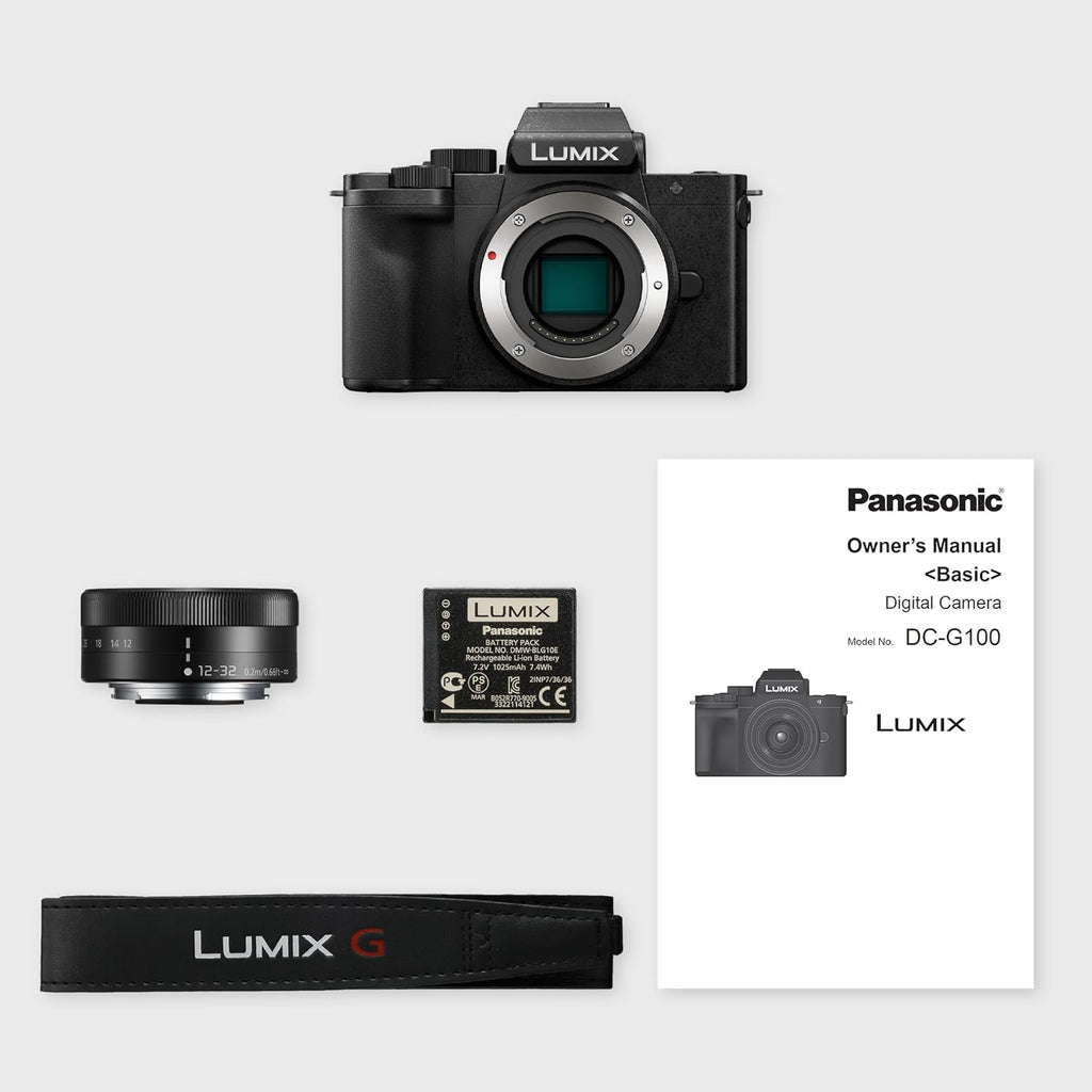 Panasonic Lumix G100D | Appareil Photo Hybride + Objectif Lumix 12-32mm (Capteur 4/3 20.3MP, Vidéo 4K/ 30p, OZO Audio by Nokia, Mode Selfie Vidéo, Stab.) Noir – Version Française