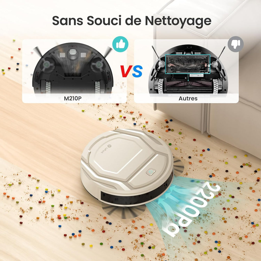 Lefant Aspirateur Robot Mince 2200Pa, Silencieux 55dB, Connecté avec WiFi/Bluetooth/Alexa/App, 120min d'Autonomie, Auto-Charge, Idéal pour Poils d'animaux Sols Durs, M210P Champagne