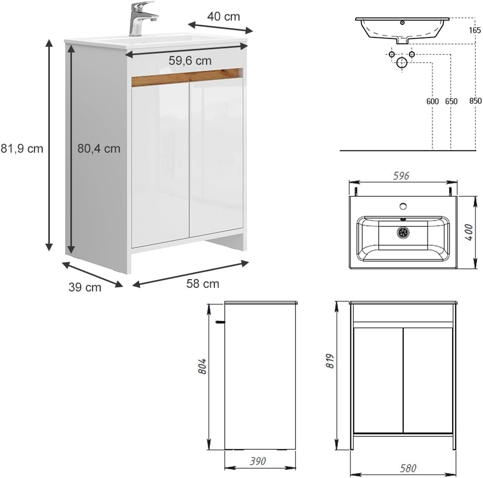 Vicco Ensemble de Meubles de Salle de Bain Lemgo, Blanc Haute Brillance, 2 pièces, Armoire Basse 60 cm