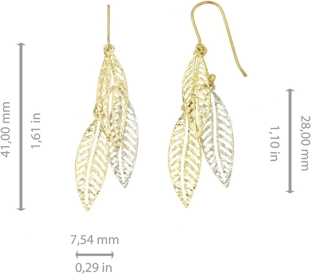 Lucchetta - Boucles d'oreilles en Or Blanc et Or Jaune 9 carats (375) avec Pendentif Feuilles - Bijoux pour Femme Élégants et Authentiques