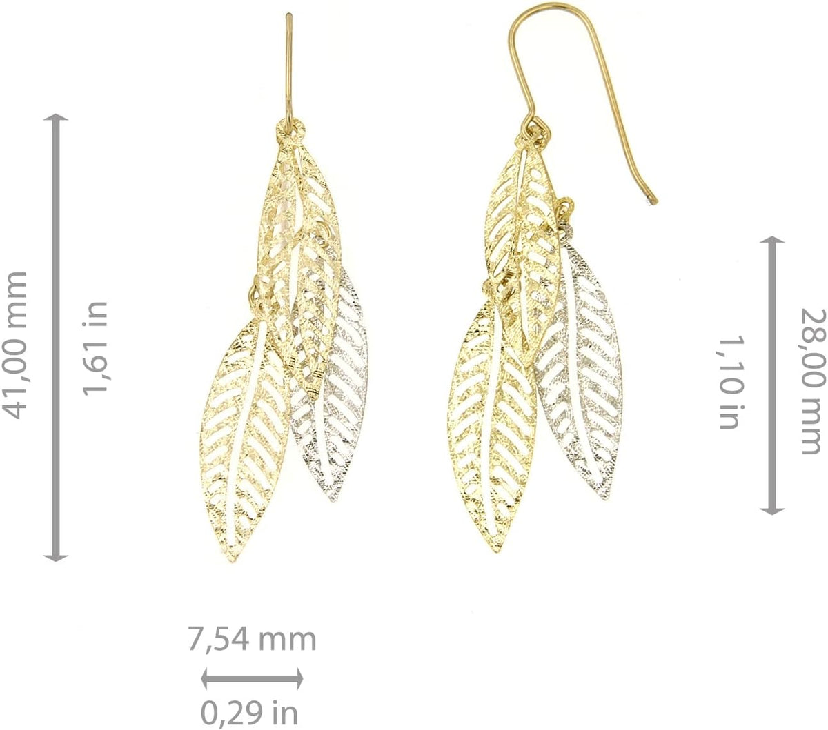 Lucchetta - Boucles d'oreilles en Or Blanc et Or Jaune 9 carats (375) avec Pendentif Feuilles - Bijoux pour Femme Élégants et Authentiques