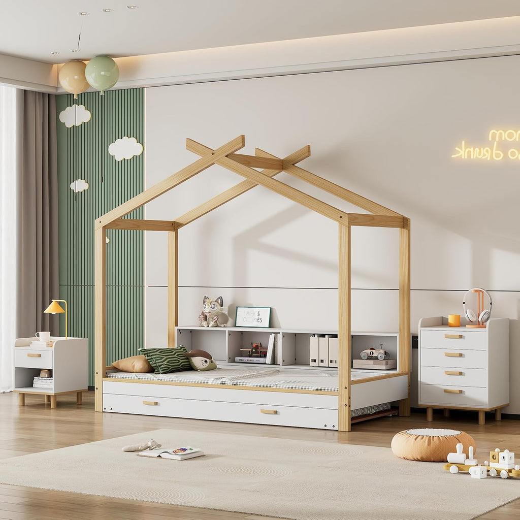 I0I&I0I Ensemble de chambre d'enfant - Blanc + naturel - Lit de maison + table de chevet + commode - MDF + pin (205 x 202 x 187,5 cm)