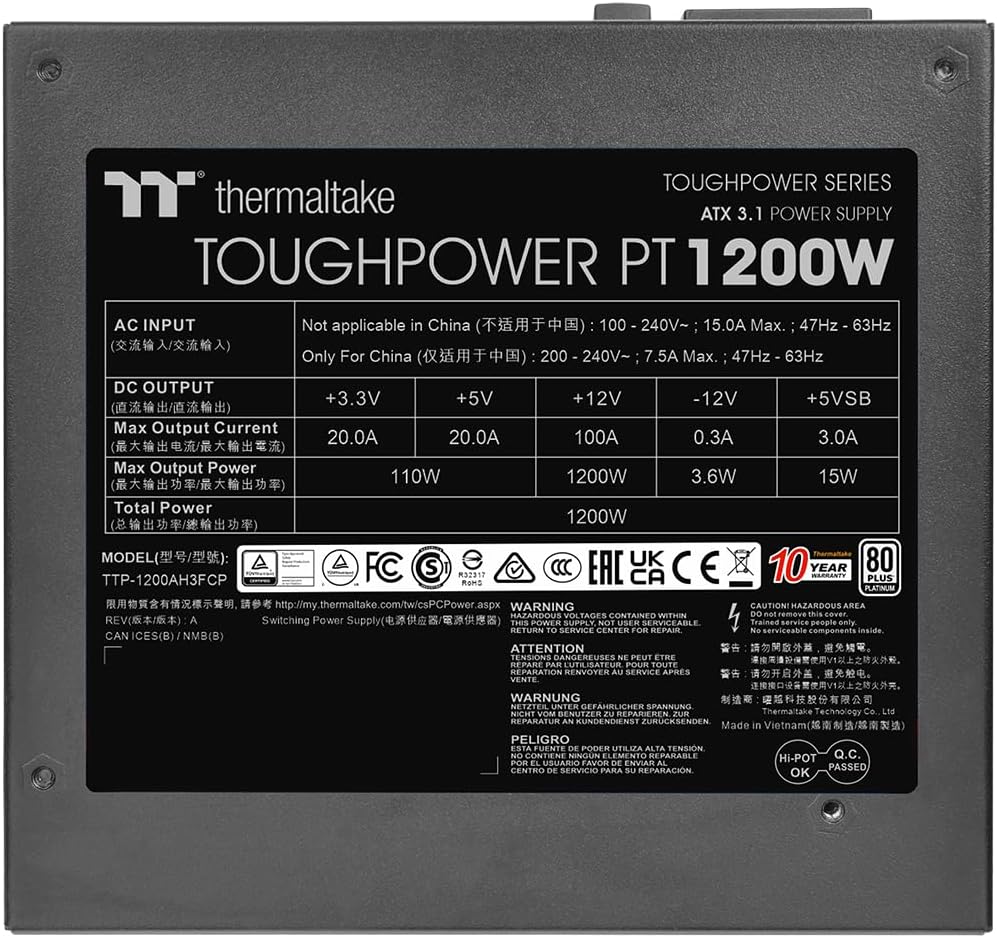 Thermaltake Toughpower PT 1200W | ATX 3.1 | PCIe 5.1 | 80Plus Platinum | Bloc d’Alimentation modulaire | Noir