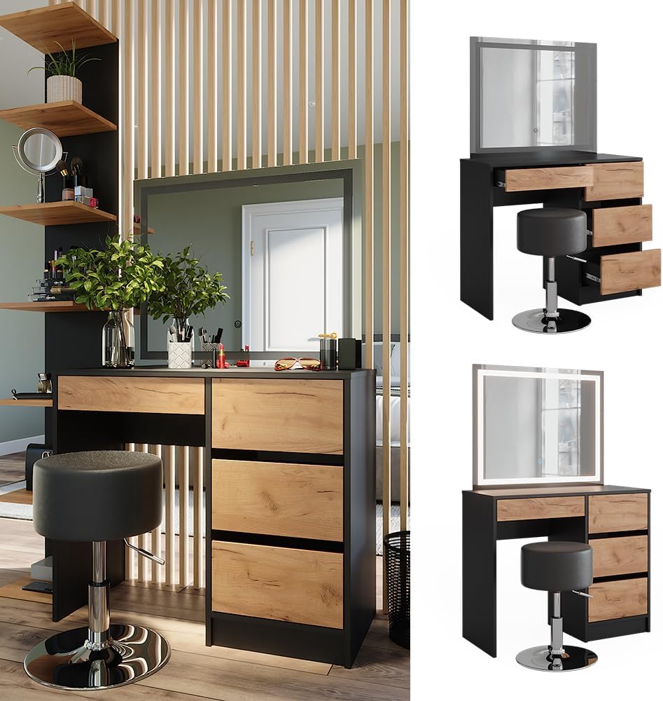 Vicco Coiffeuse Sherry, Anthracite, 90x75cm avec Miroir LED et Tabouret