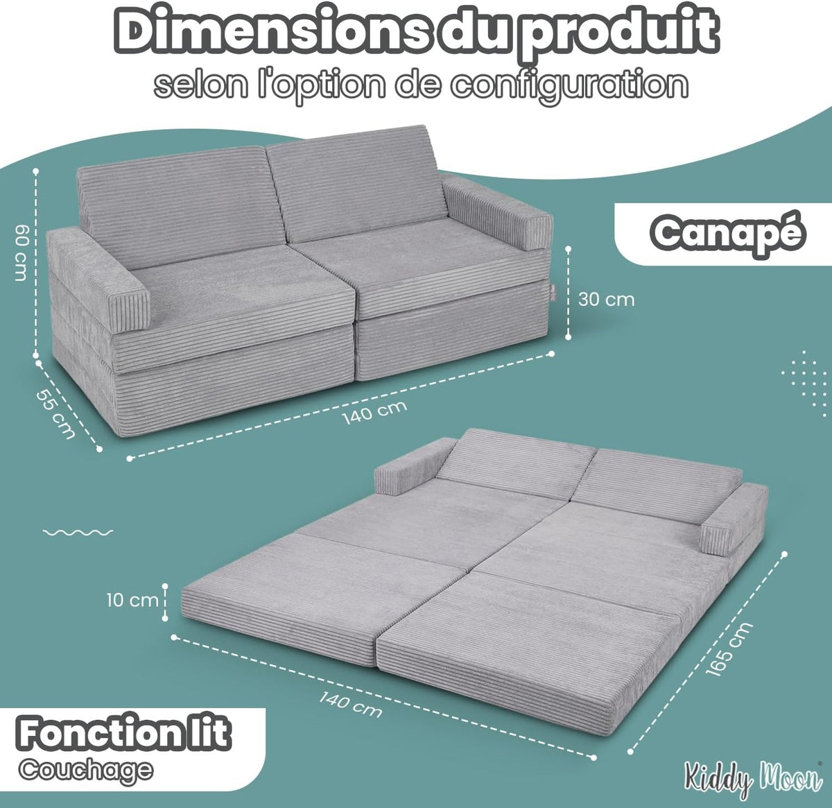 KiddyMoon Canapés Pliant pour Enfants Canapé-Lit Convertible Bébés-Canapé Lit Coucher Salle De Jeux Pliable Matelas Au Sol Mini-Canapé Chaise-Lit, Gris Clair
