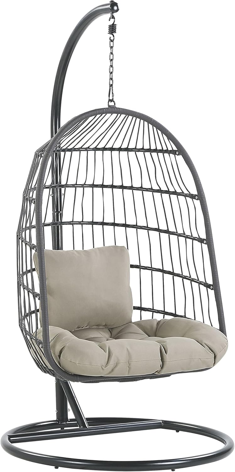 Fauteuil Suspendu Gris avec Coussin et Support Noir 102 cm en Métal et Rotin Très Confortable pour Extérieur Style Boho Beliani